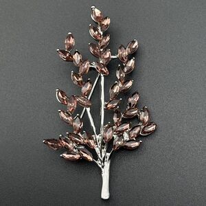 Silver with Pink Morganite Crystal Tree Branch with Leaves Pin Back Brooch